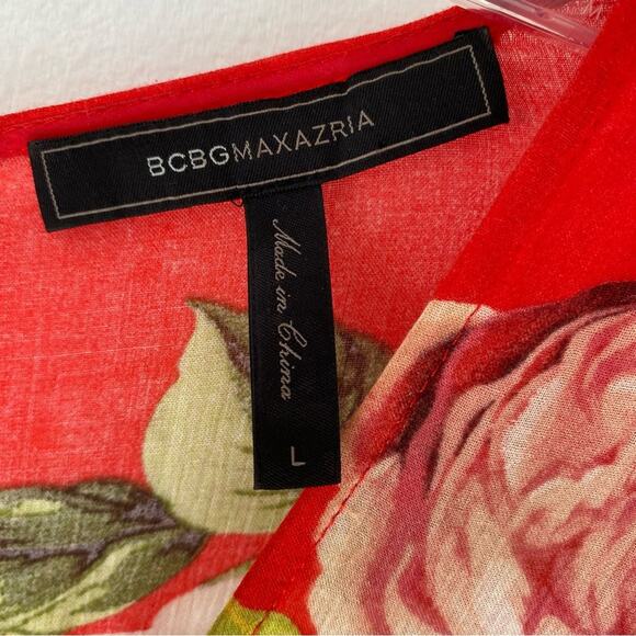 BcbgMaxazria Red Floral Maxi Dress Faux Wrap size large Flowers Tropical - Picture 13 of 13